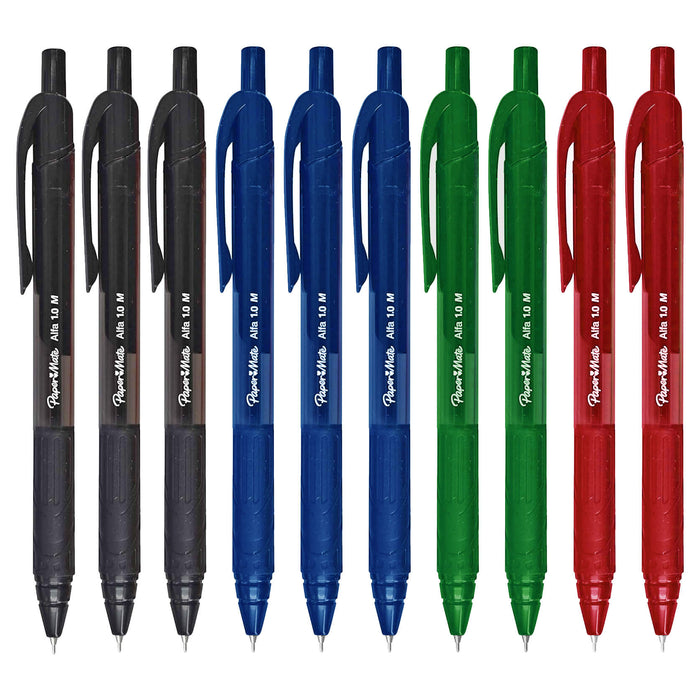 Set of pens in black, blue, green, and red on a white background