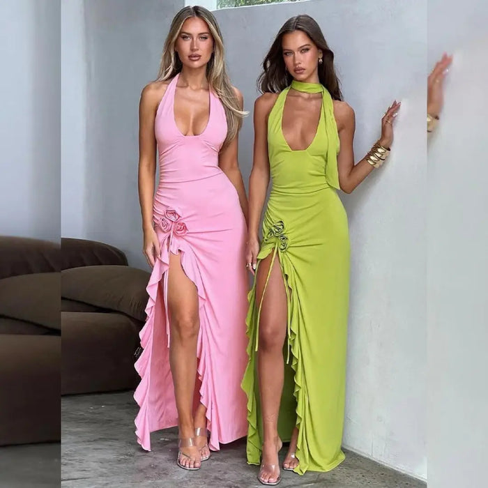 Floral Halter Neck Ruffle Dress fashionnsio