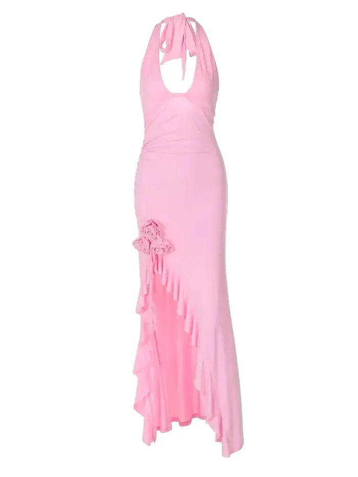 Floral Halter Neck Ruffle Dress fashionnsio