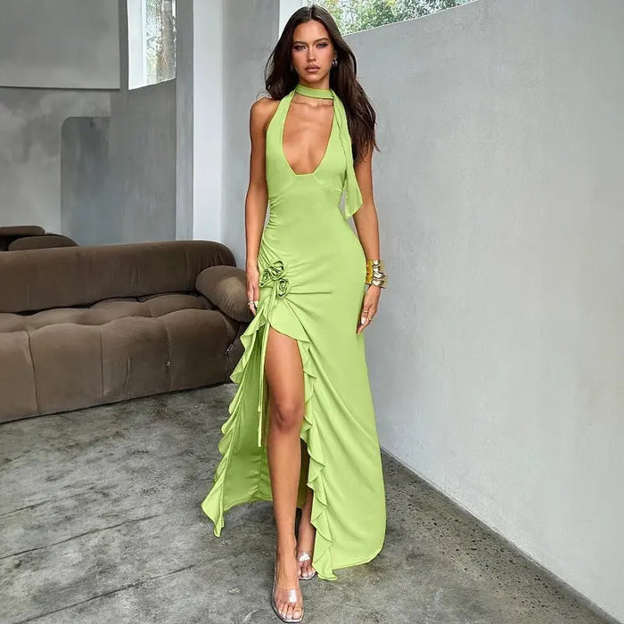 Floral Halter Neck Ruffle Dress fashionnsio
