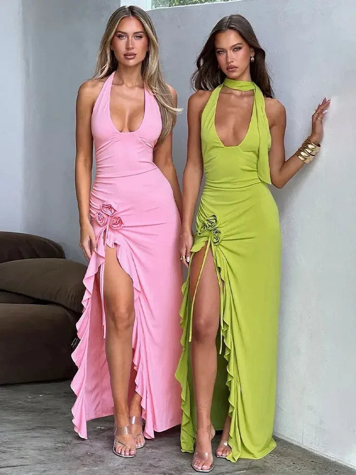Floral Halter Neck Ruffle Dress fashionnsio