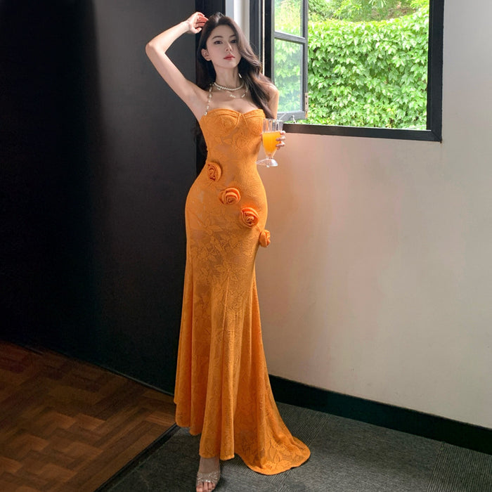3D Floral Strapless Maxi Dress - Fashionnsio
