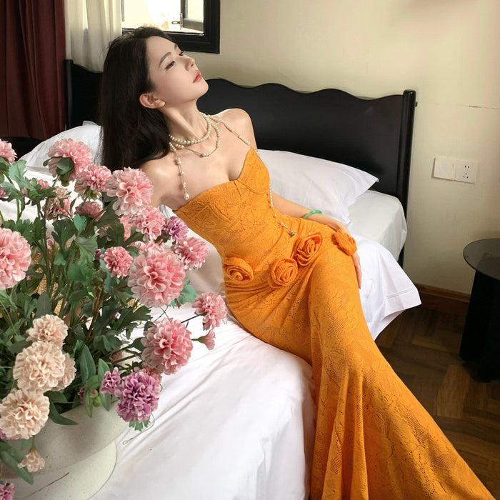 3D Floral Strapless Maxi Dress - Fashionnsio