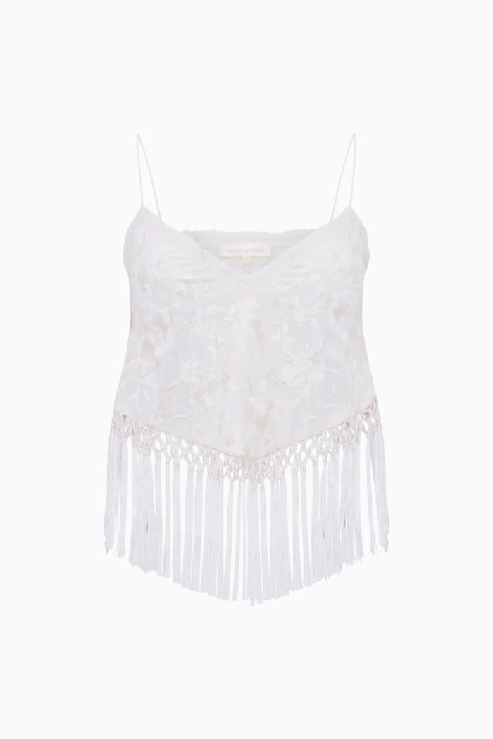 White fringe crop top on a white background