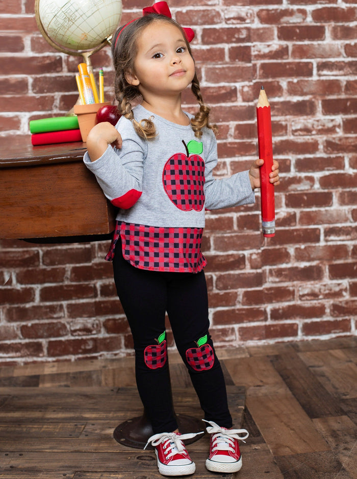 First Day of School Plaid Apple Patched Legging Set | Mia Belle Girls