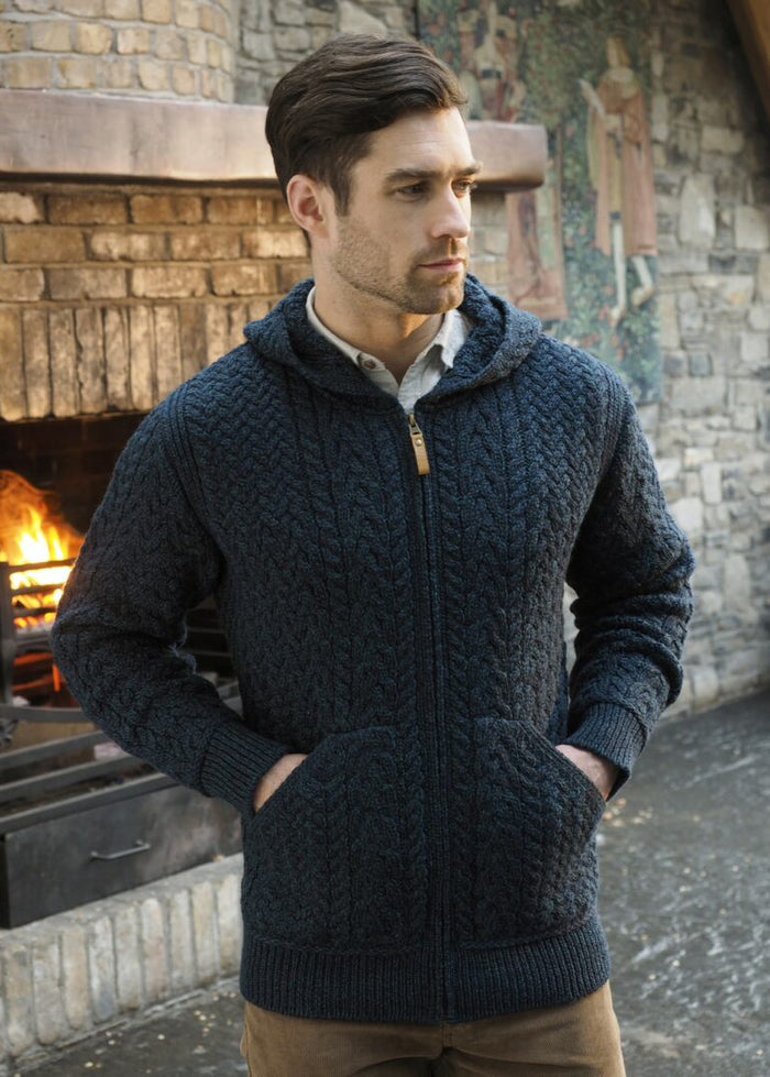 Aran Crafts Men's Hooded Cardigan | Premium Irish Merino Wool Zip Sweater