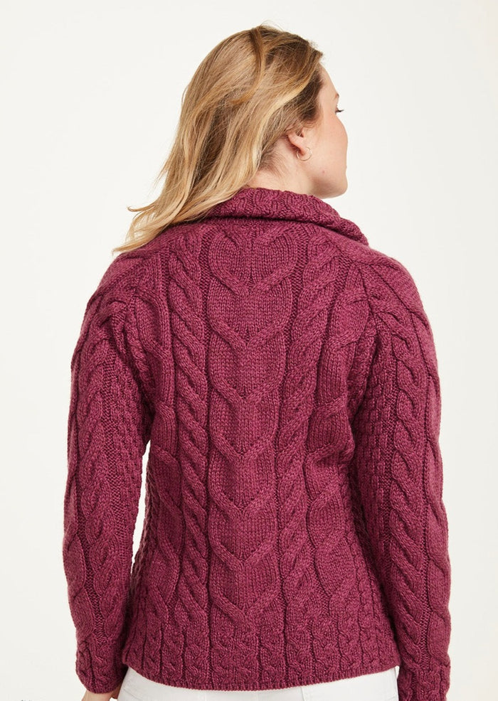 Aran Full Zip Cardigan | Supersoft Merino Wool | Raspberry