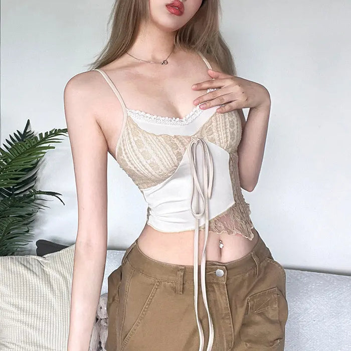 Asymmetrical Bow Lace Patchwork Top fashionnsio