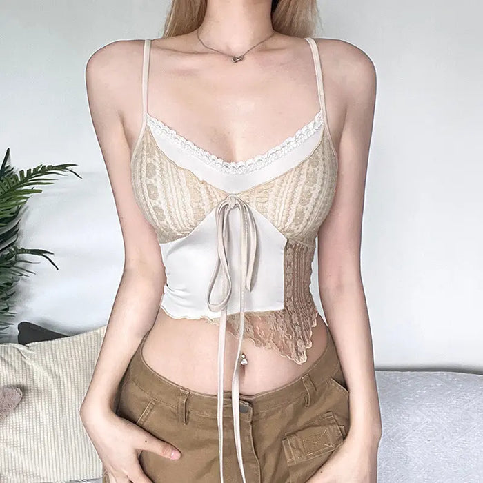 Asymmetrical Bow Lace Patchwork Top fashionnsio