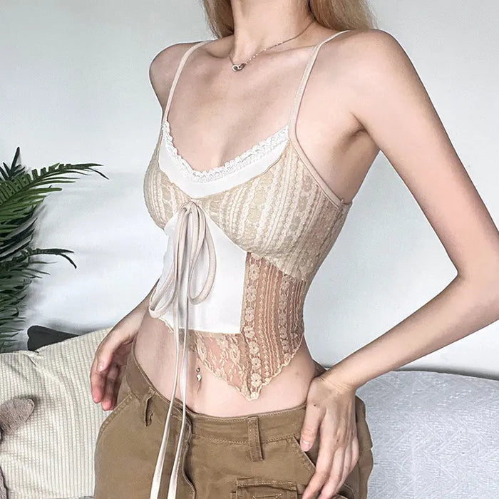 Asymmetrical Bow Lace Patchwork Top fashionnsio