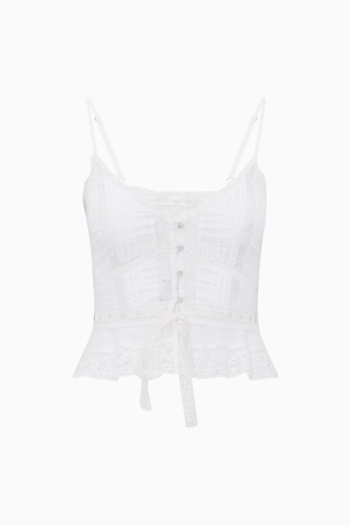 White lace crop top on a light gray background
