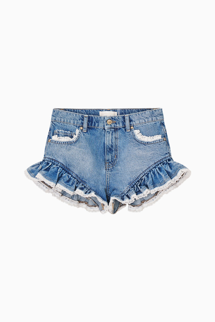 Blue denim shorts with ruffled hem on a white background