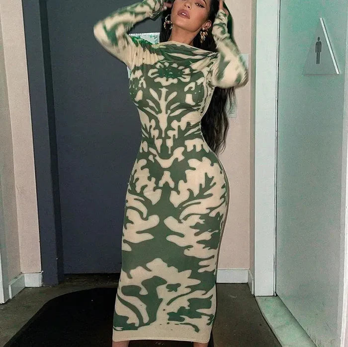Backless Printed Bodycon Dress fashionnsio