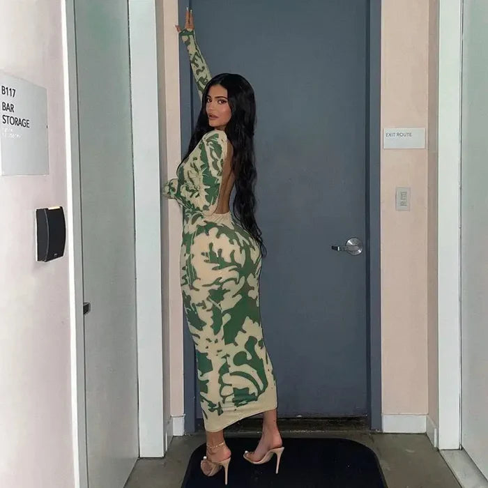 Backless Printed Bodycon Dress fashionnsio
