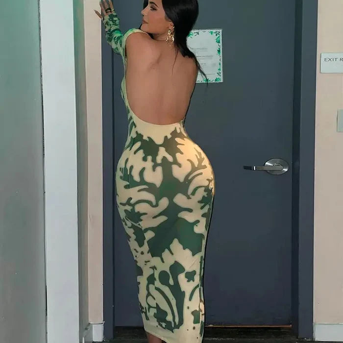 Backless Printed Bodycon Dress fashionnsio