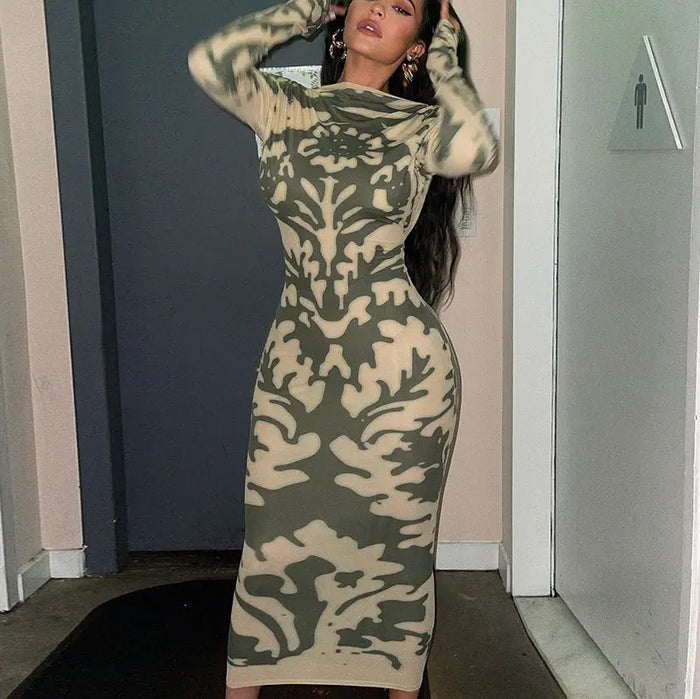 Backless Printed Bodycon Dress fashionnsio