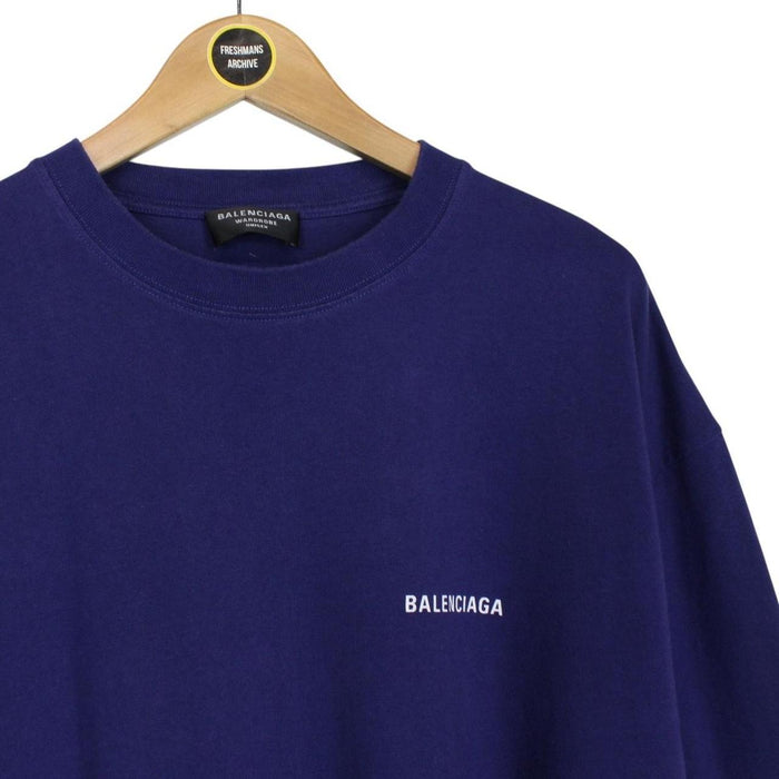 Balenciaga Blue and White Back Logo Short Sleeve Cotton T-Shirt