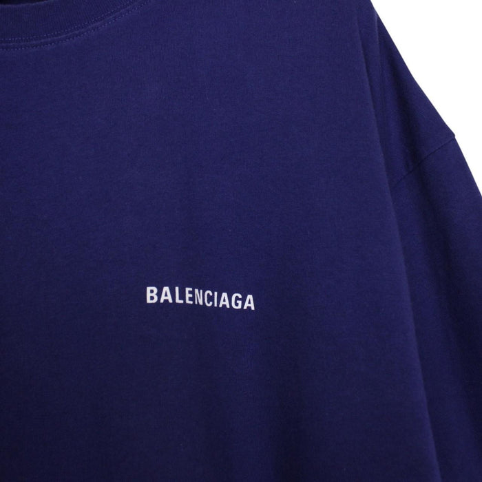 Balenciaga Blue and White Back Logo Short Sleeve Cotton T-Shirt