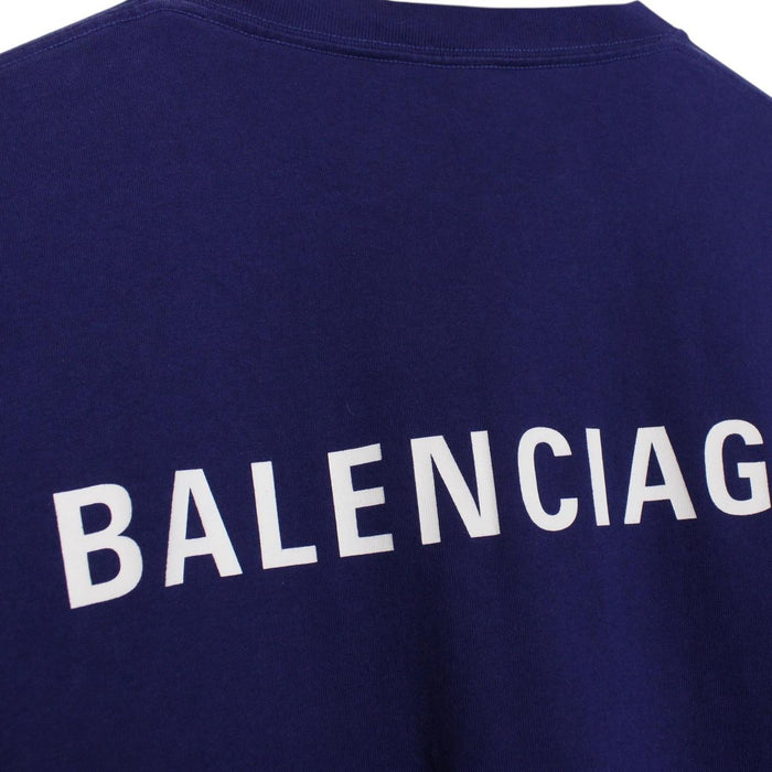 Balenciaga Blue and White Back Logo Short Sleeve Cotton T-Shirt
