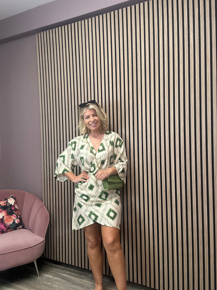 Berry 3/4 Sleeve Mini Dress (Sandshell/Peridot)