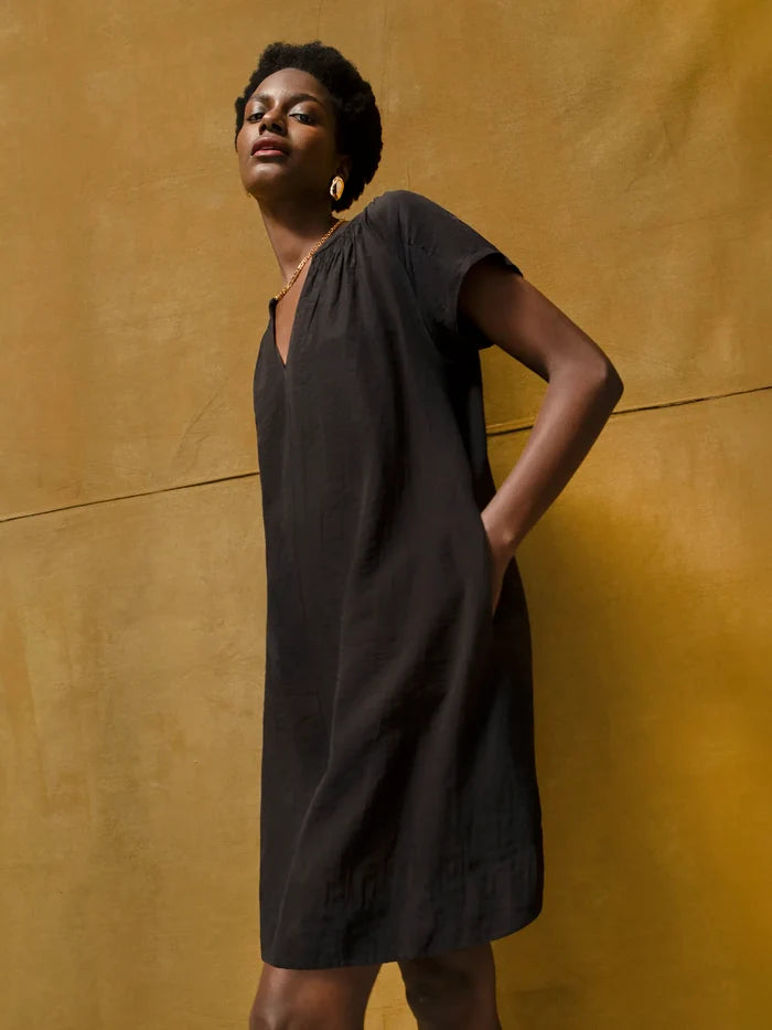 Black Gathered Neck Short Dress