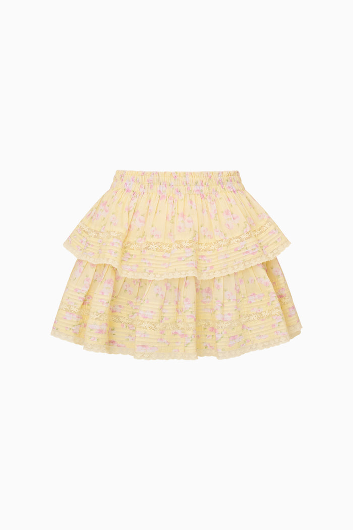 Yellow tiered skirt with floral pattern on a white background