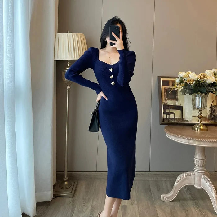 Bodycon Button Midi Dress fashionnsio