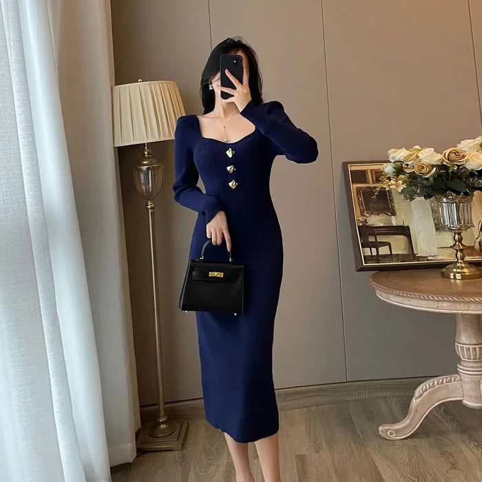 Bodycon Button Midi Dress fashionnsio