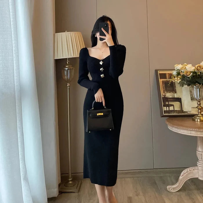 Bodycon Button Midi Dress fashionnsio