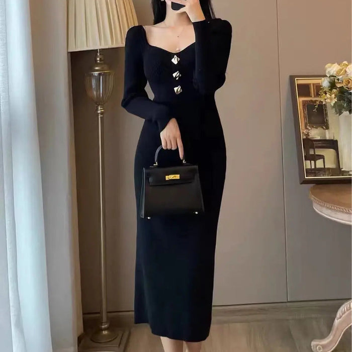 Bodycon Button Midi Dress fashionnsio