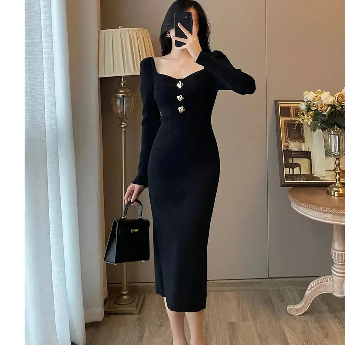 Bodycon Button Midi Dress fashionnsio