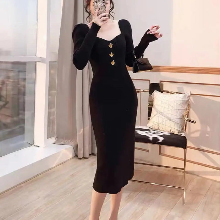 Bodycon Button Midi Dress fashionnsio
