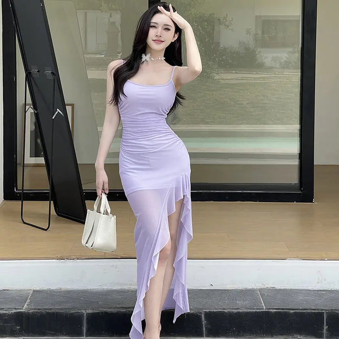 Mesh Ruffles Slit Bodycon Dress fashionnsio