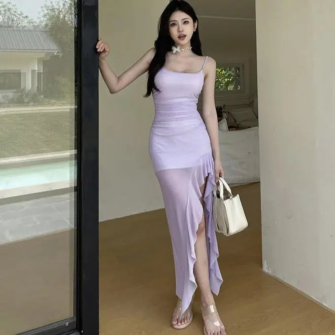 Mesh Ruffles Slit Bodycon Dress fashionnsio