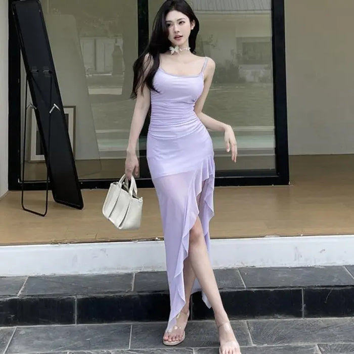Mesh Ruffles Slit Bodycon Dress fashionnsio