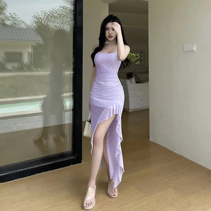 Mesh Ruffles Slit Bodycon Dress fashionnsio