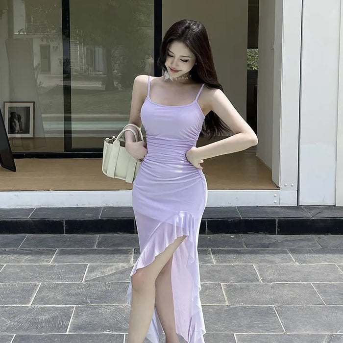 Mesh Ruffles Slit Bodycon Dress fashionnsio