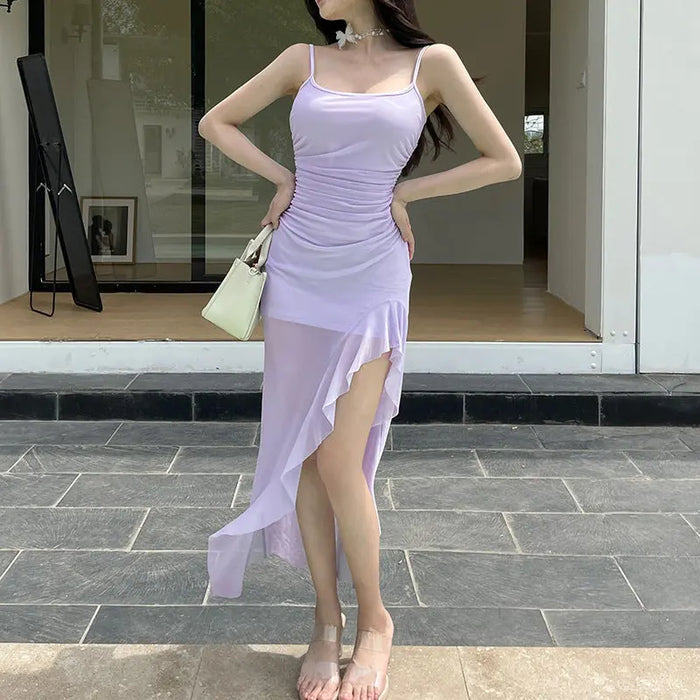 Mesh Ruffles Slit Bodycon Dress fashionnsio