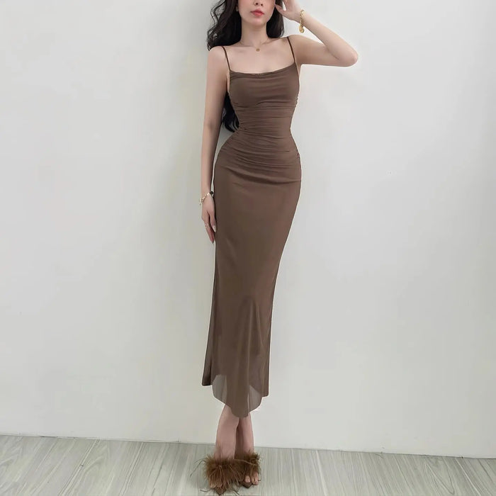 Pleated Mesh Slim Fit Dress fashionnsio