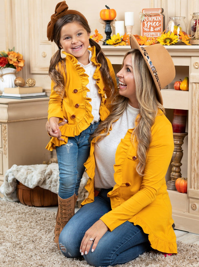 Girls Fall Cardigans | Faux Button Ruffle Hem Blazer | Mia Belle Girls