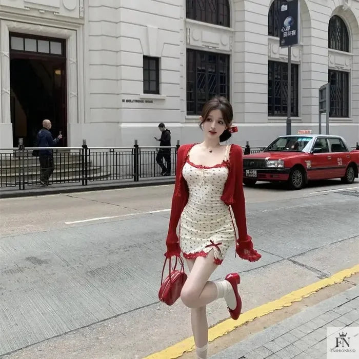 Bow Floral Mini Dress + Cardigan - Fashionnsio