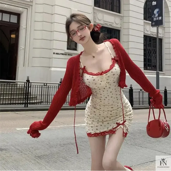 Bow Floral Mini Dress + Cardigan - Fashionnsio