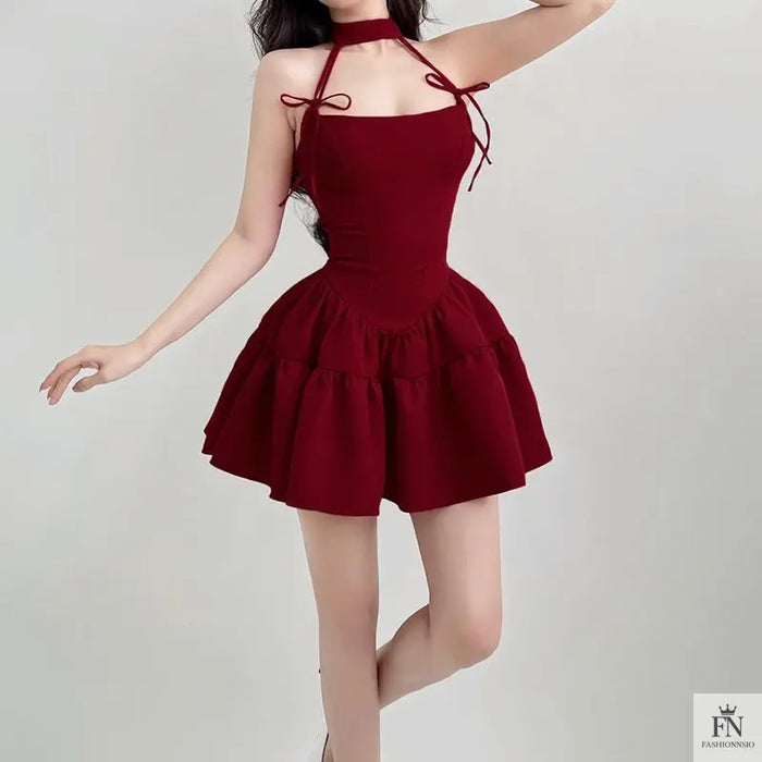 Bow Halter Ruffle Mini Dress - Fashionnsio