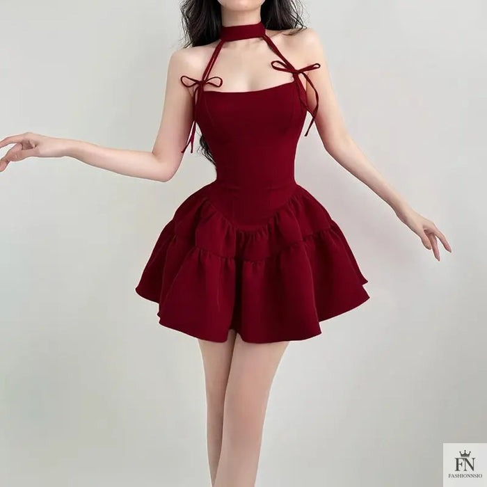 Bow Halter Ruffle Mini Dress - Fashionnsio