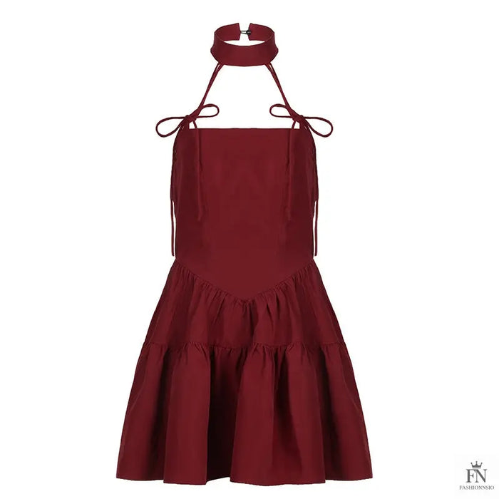 Bow Halter Ruffle Mini Dress - Fashionnsio