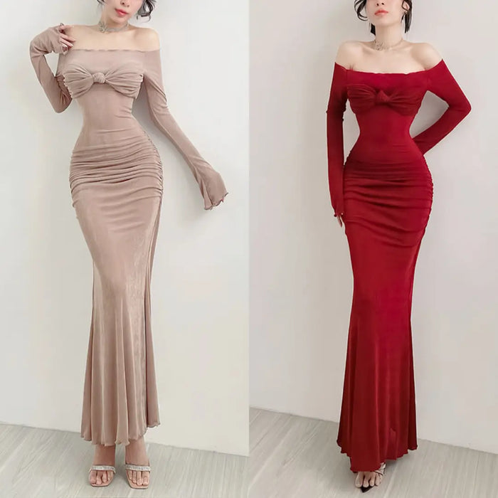 Bow Off Shoulder Long Bodycon Dress fashionnsio