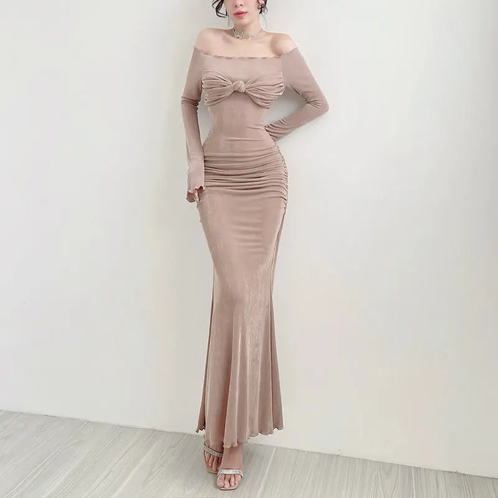 Bow Off Shoulder Long Bodycon Dress fashionnsio
