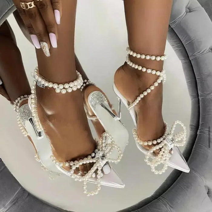 White Pearl Bow Ankle Strap Pointed Heels for Women – Fashionnsio