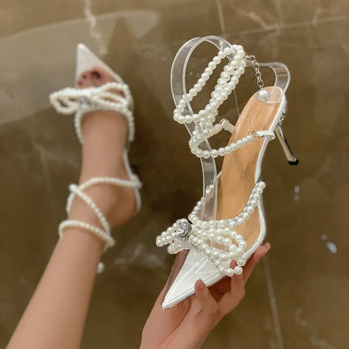 White Pearl Bow Ankle Strap Pointed Heels for Women – Fashionnsio