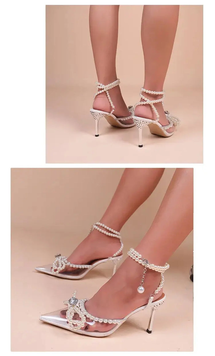 White Pearl Bow Ankle Strap Pointed Heels for Women – Fashionnsio